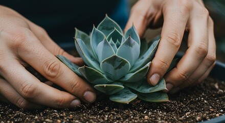 Planting Succulent in Pot: Hands Carefully Place Echeveria in Soil (Generative AI)