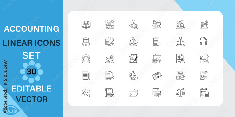 Poster accounting linear icons set. investment, graph, char and more. outline vector icon in linear style. 