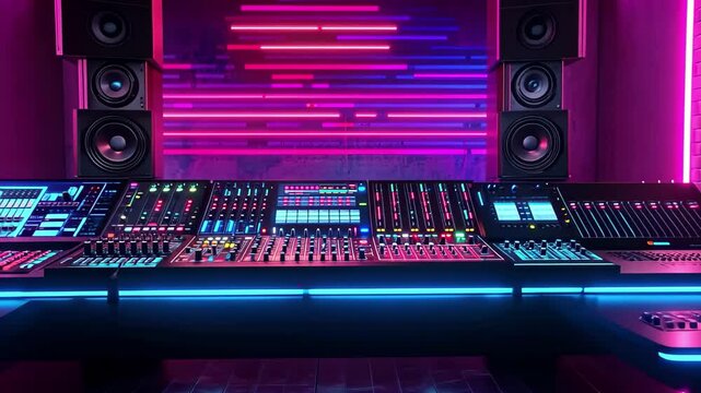 Vibrant neon music room with electric equipment and glowing lights, Animated background of neon-lit music room with electronic equipment ing time-lapse video