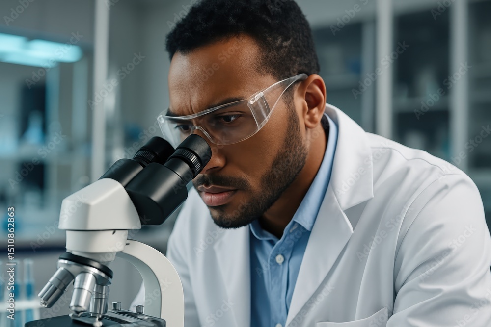 Poster focused scientist in a lab coat using a high-powered microscope for detailed research in a modern la