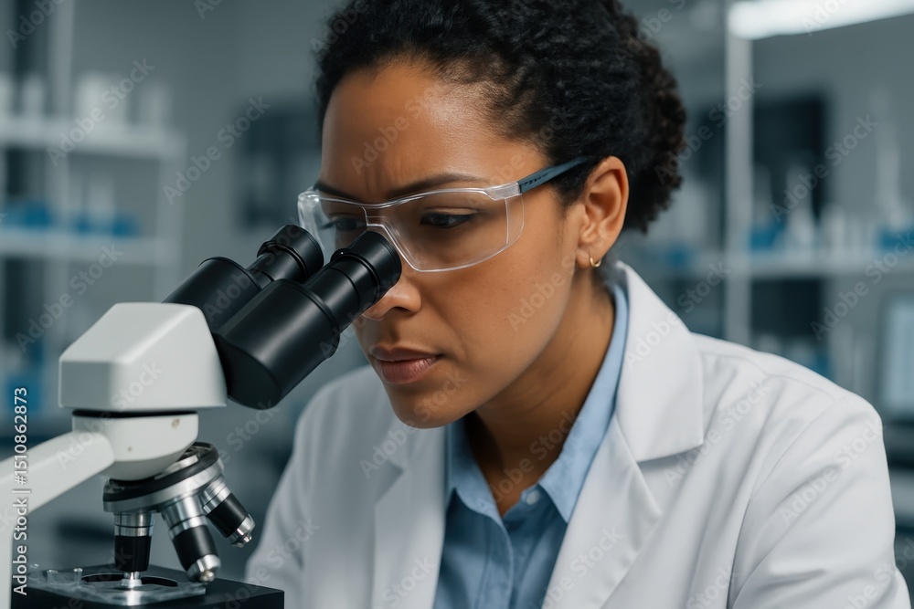 Poster focused scientist in a lab coat using a high-powered microscope for detailed research in a modern la