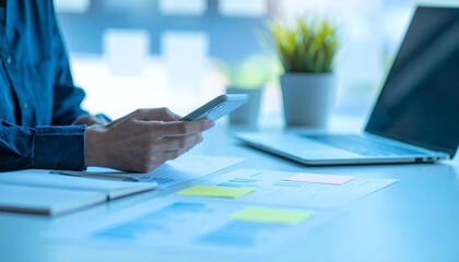 Focused worker using mobile for business development, strategizing and analyzing charts