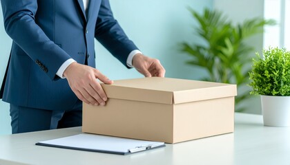 Relocation scene with a businessman packing belongings into cardboard box