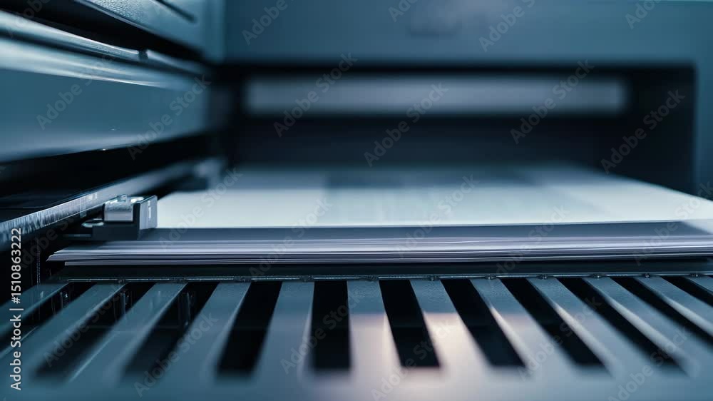 Poster closeup view of copier printer in action with paper tray engaged during printing process, copier pri