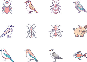 Various simple line icons of cartoon animals and insects are set against a white background