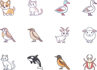 Several cute cartoon animals appear as a group, including mammals, birds, and an insect with transparent background