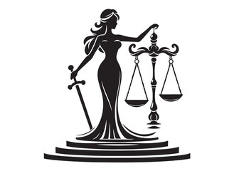 justice scales lady logo silhouette vector, lady justice logo  icon silhouette, woman holding scales of justice silhouette lady lawyer logo design vector illustration silhouette on a white background 