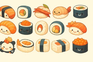 かわいい寿司の盛り合わせ、漫画風イラスト