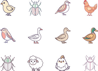 Fototapeta premium Diverse collection reveals charming cartoon bird, sheep, duck and beetle standing on white background