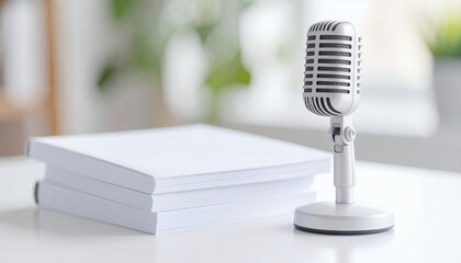 Vintage microphone and stacked blank papers representing creative content creation