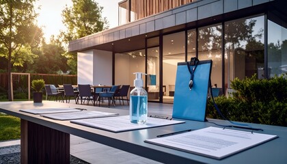 Outdoor event registration table with sanitizer and consent forms in natural light