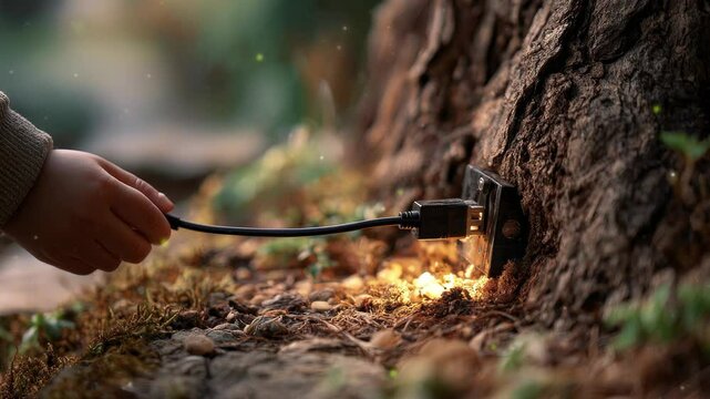 A child trying to plug a cable into a tree trunk. Concept of tech dependence and lost connection to nature