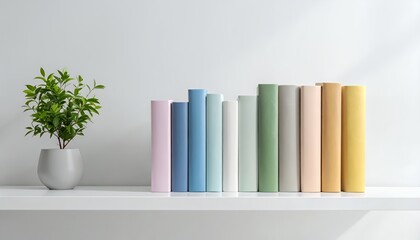 Pastel colored book spines display on a white shelf with green plant decor