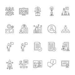 A collection of business and management related line icons presented in a grid arrangement style