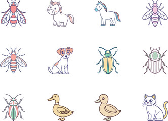 Fototapeta premium Cartoon insects, pets, and waterfowls are arranged evenly on the white background