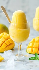 Refreshing mango sorbet dessert with fresh fruit and ice on marble surface