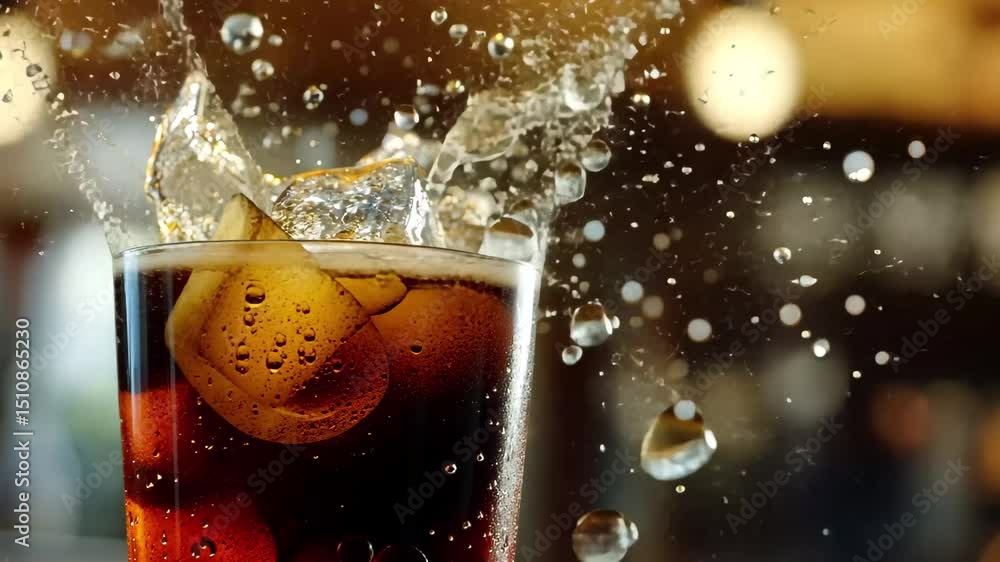Poster refreshing glass of cola with ice and splashing bubbles in a cozy setting, glass of cola ice cola wi