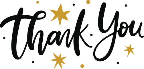 Obraz premium Thank you lettering sign with black and gold stars. Hand-written modern brush lettering 
