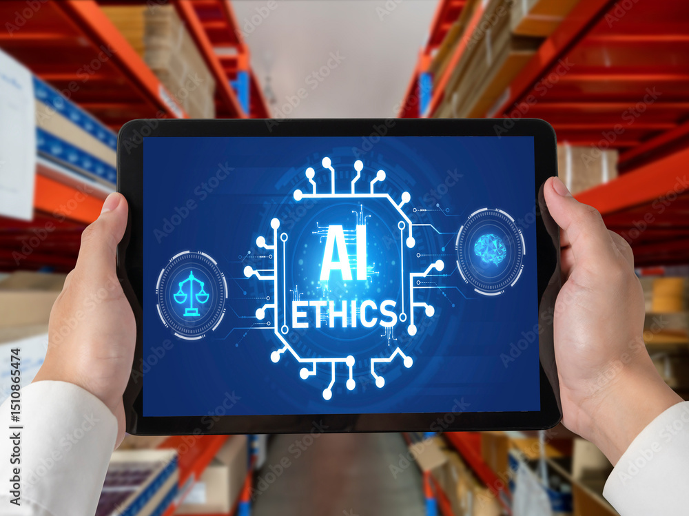 Poster ai ethics responsibility standard law and rules on computer screen provide report of ai ethic transp