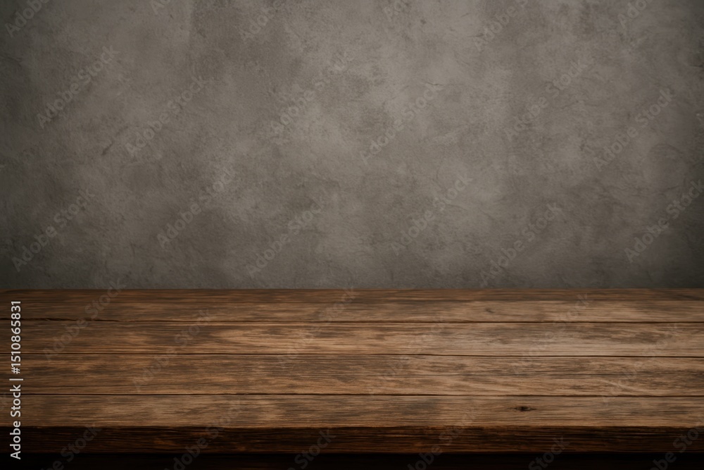 Poster rustic wooden table top surface positioned against a bare grey concrete wall background creating a m