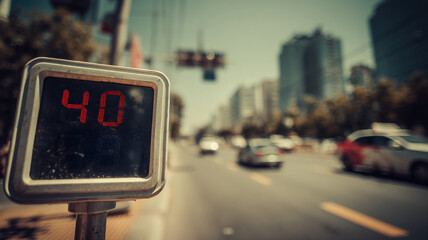 Digital Street Thermometer Showing Forty Degrees Red Display Urban Heat Wave City Background Traffic Blur