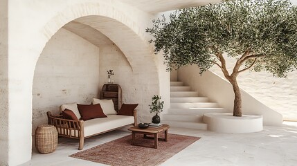 Cozy outdoor patio with olive tree