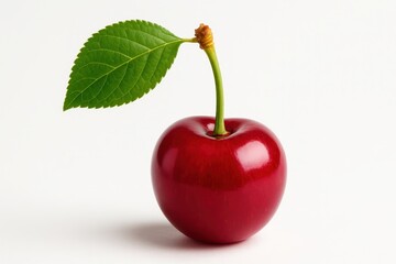 Single Ripe Red Cherry with a Fresh Green Leaf and Stem Attached Perfectly Isolated on a Clean White Background Close-up