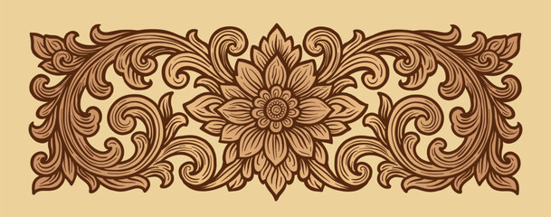 Vector Traditional Balinese Floral Ornament with Lotus Motif and Curved Leaf Scrolls on Beige Background