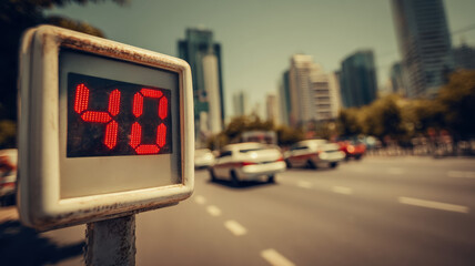 Digital Street Thermometer Showing Forty Degrees Red Display Urban Heat Wave City Background Traffic Blur