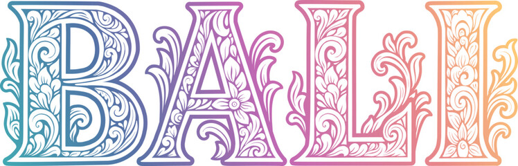 Pastel Rainbow Colors Gradient Ornamental Bali Lettering with Floral and Swirl Elements in Traditional Balinese Style
