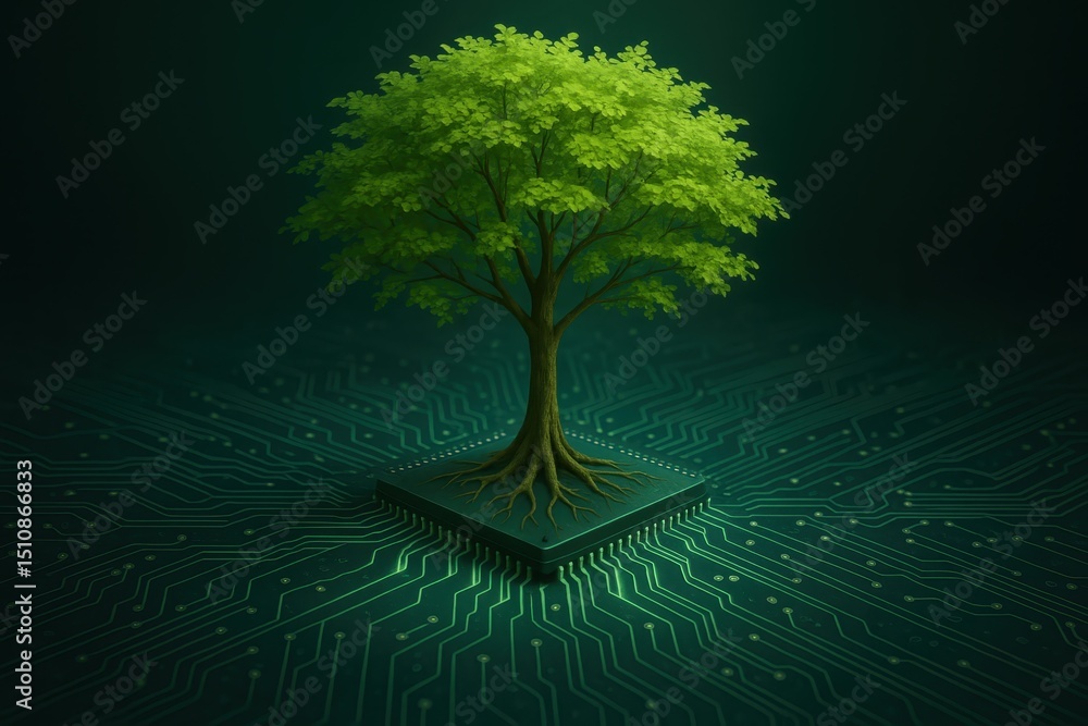 Aufkleber symbolic representation of green technology tree with roots resembling circuit board traces growing 