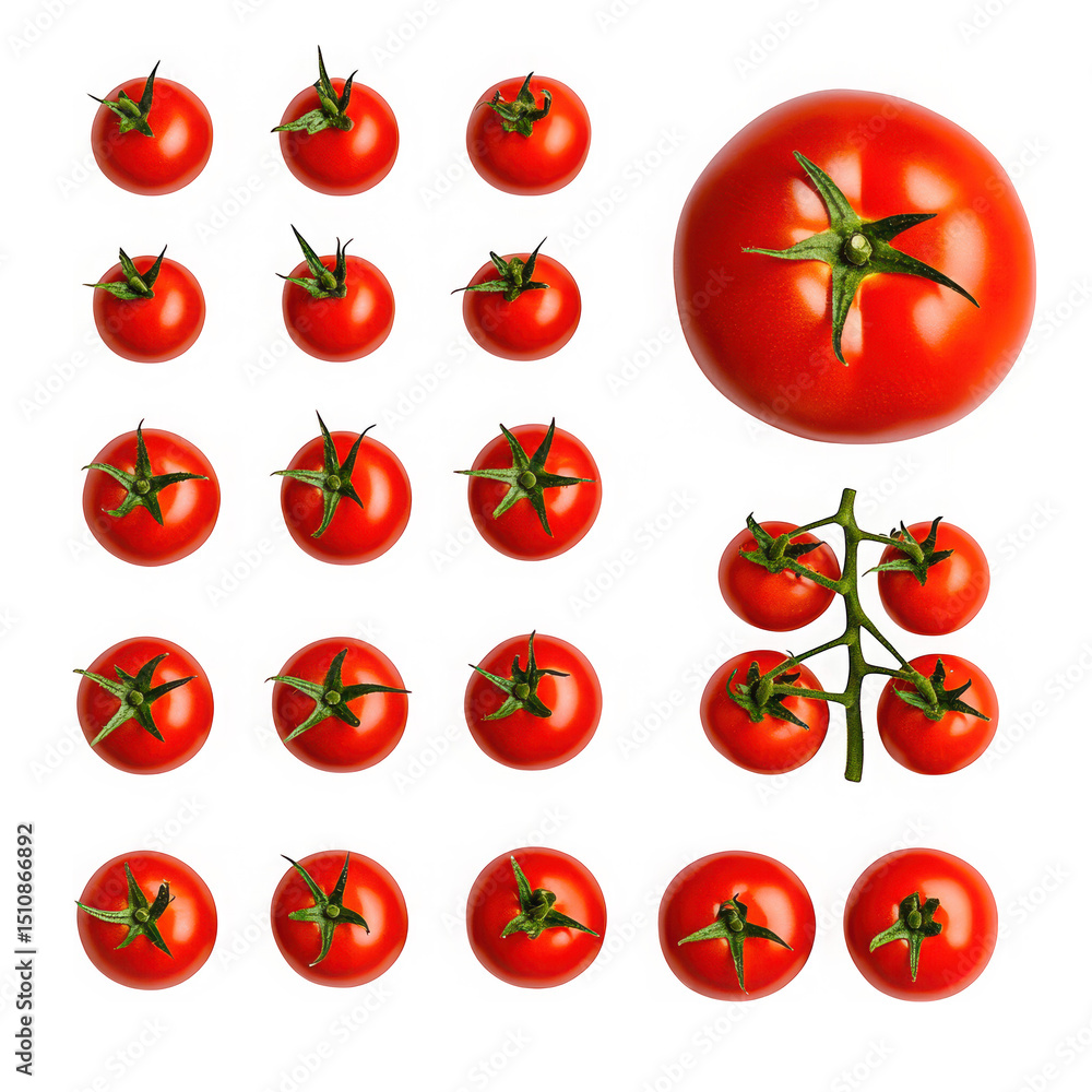 Poster collection of vibrant red tomatoes arranged in a grid on transparent background