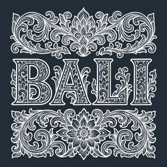 White Ornamental Bali Typography with Floral and Swirl Details on Dark Background in Traditional Style