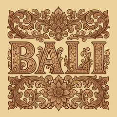 Vector Traditional Balinese Floral Ornament with Lotus Motif and Curved Leaf Scrolls and Bali Decorative Font with Ornamental Floral Pattern in Traditional Indonesian Style on Beige Background