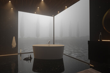 Elegant bathroom with freestanding bathtub in front of beautiful lake in the morning fog. 3D Rendering