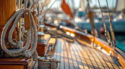 Sailboat Deck with Coiled Ropes and Winch in a Marina at Sunset