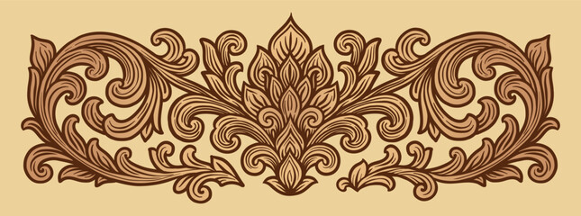 Vector Classic Balinese Ornamental Decoration with Stylized Tropical Leaves and Ethnic Motif on Beige Background