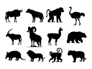 Silhouette collection featuring diverse wildlife species including mammals and birds in black