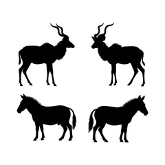 Silhouette depiction featuring two kudu and two zebra animals in a symmetrical arrangement on white