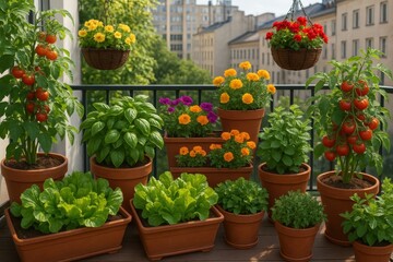 Vibrant Urban Balcony Garden Showcasing Organic Vegetables Herbs and Flowers Growing in Pots and Containers in a City Apartment Setting Sustainable Living