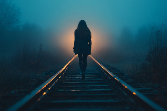 Woman walking along an abandoned railroad track silhouette