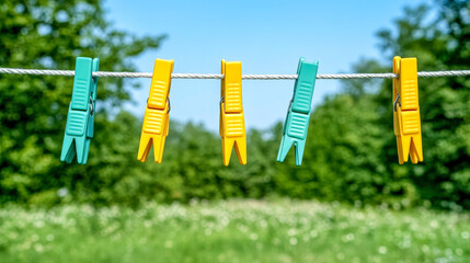 Bright colorful clothespins hanging on outdoor clothesline under sunny sky ideal for laundry tutorials home organization DIY photography and lifestyle blogs