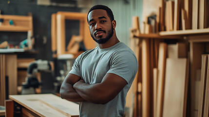 Confident craftsman standing with arms crossed in a woodworking workshop
