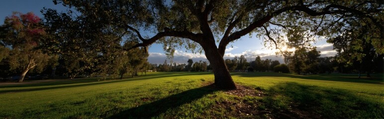 Panoramic Tree in Lush Green Meadow: A sprawling tree dominates a vibrant green meadow, its branches reaching out under a clear sky. The scene is bathed in the warm glow of sunlight.