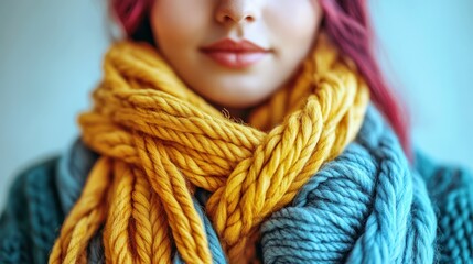 Close-Up of Young Woman with Colorful Knitted Scarves, Ideal for Fashion and Winter Accessories