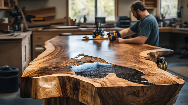 Craftsman working on a large, polished wooden table with resin inlay in a well-lit workshop