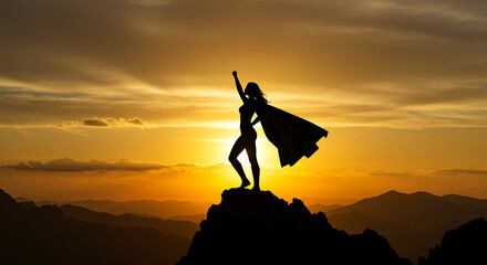 Silhouette of a powerful woman standing on a mountain peak at sunset, arm raised in victory, embodying strength and empowerment.