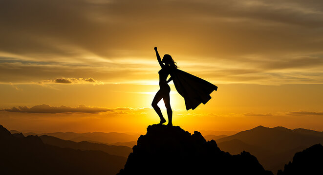 Silhouette of a powerful woman standing on a mountain peak at sunset, arm raised in victory, embodying strength and empowerment.