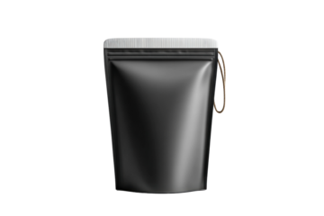 PNG Matte black stand-up pouch with ziplock closure and string detail