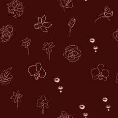 Female portrait Outline woman face, abstract flowers leaves, line continuous drawing vector seamless pattern.